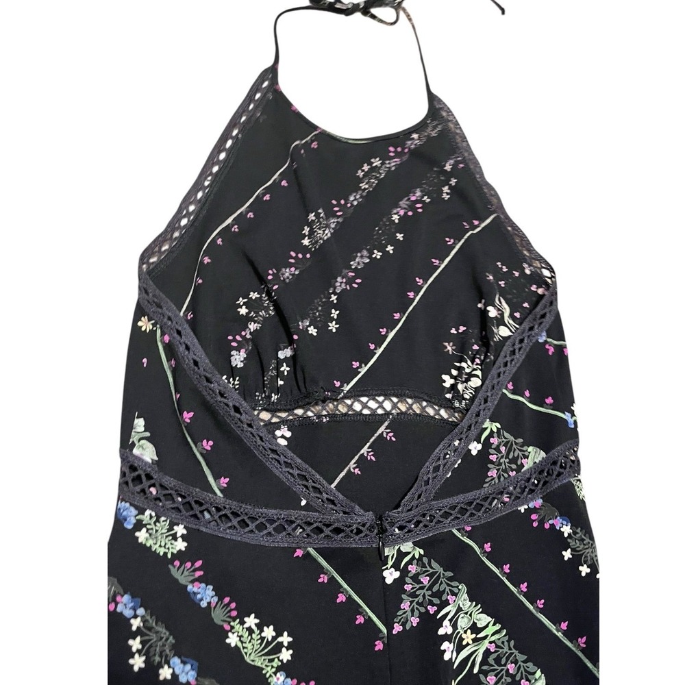 BCBG Max Azria Black Floral Stripe Halter Maxi Dress Crochet Trim Cutout Back - Picture 7 of 8
